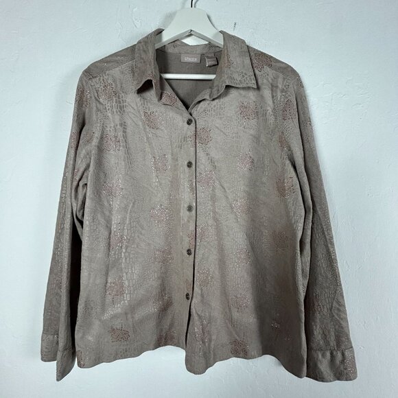 Chico's Womens Button-Up Long Sleeve Shirt Size 2 Beige Textured Leaf Pattern - Picture 1 of 7